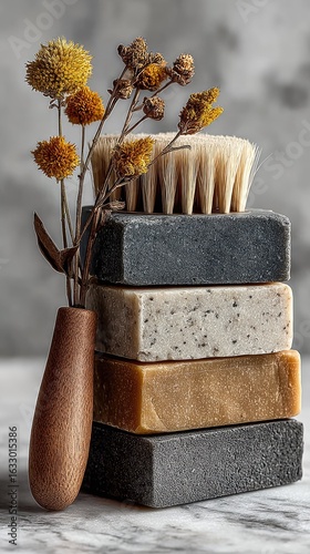 Stacked artisan soaps with dried flowers and brush