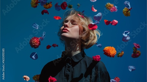 A woman amidst colorful flower petals against a blue background. A photoshoot of flowers and models. The harmony of flowers and people. A beautiful magazine photoshoot. AI-generated.