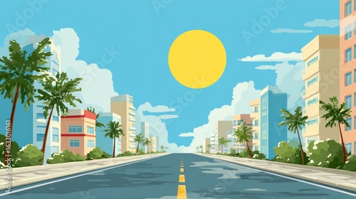 Sunny cityscape street scene.  Palm trees line a wide road, bordered by buildings, under a vibrant sky