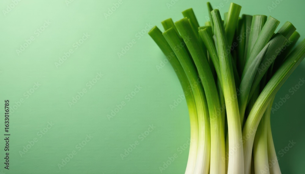 Fototapeta premium Vibrant green leeks, tightly bundled, fresh from the farm , display, detail, local