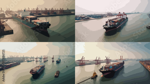 Four aerial views of a busy port, showcasing container ships, tugboats, and port facilities.