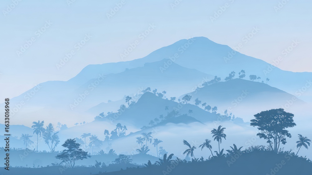 Naklejka premium Misty mountain range, tranquil landscape