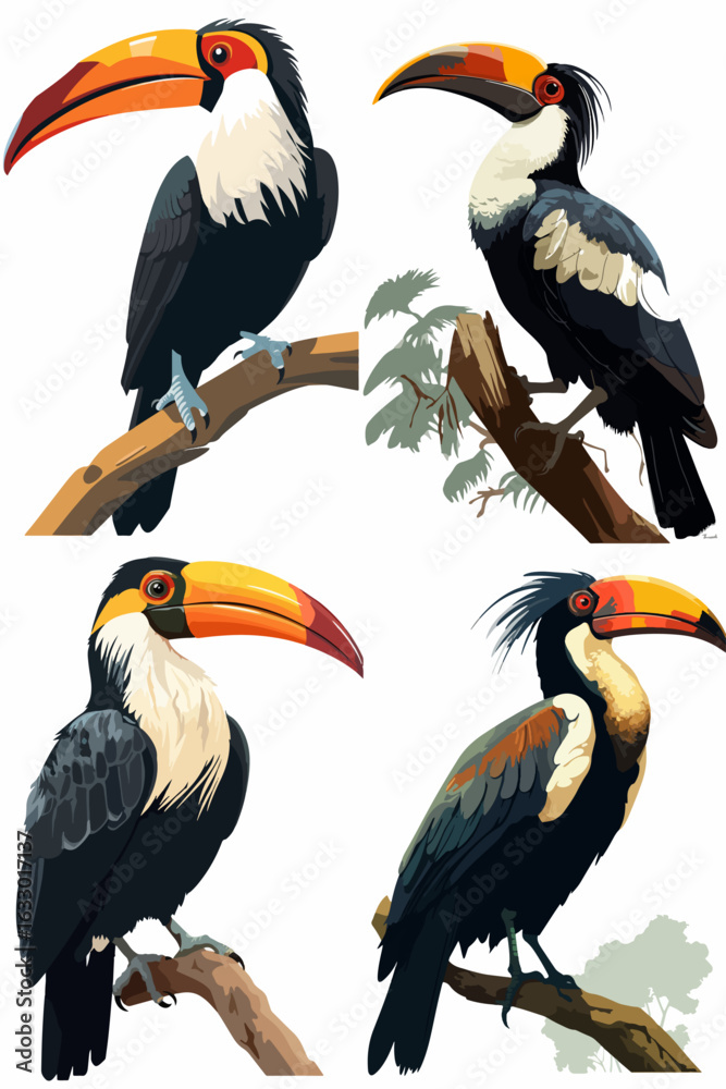 Fototapeta premium Digital illustration of four toucans, displayed against a white background, positioned on tree branches.