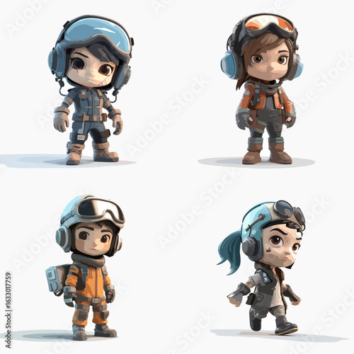 Four small, cartoonish characters in space explorer outfits, isolated against a white background, showcasing different poses.