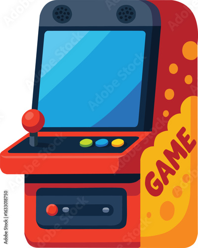 Retro Arcade Game Machine Illustration Classic Red Coin-Operated Gaming Cabinet with Joystick and Buttons, Fun Vintage Gamer Artwork