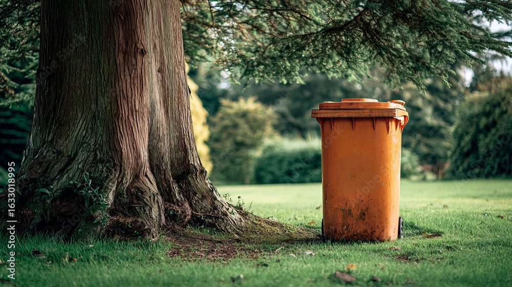 Obraz premium An orange trash bin stands resiliently beside a large tree in a serene green park.
