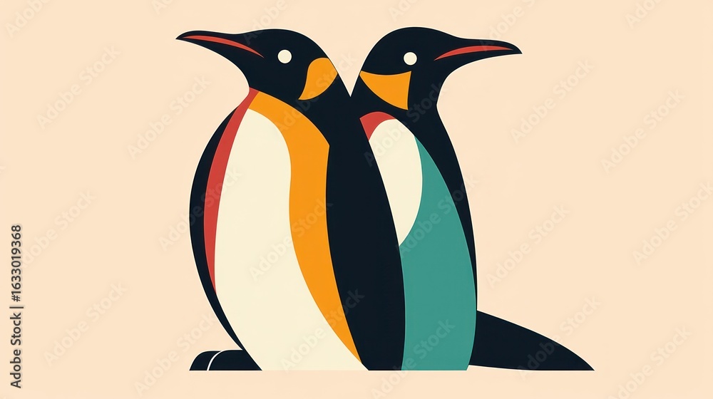 Fototapeta premium Abstract penguins, minimalist art, vibrant colors, soft background, stock photo