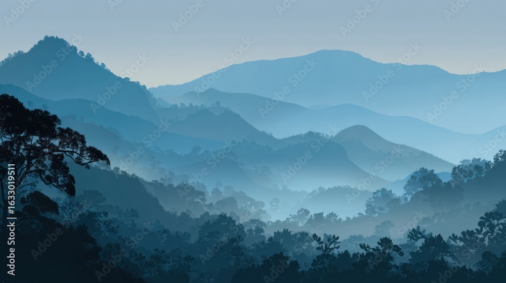 Fototapeta premium Misty mountain range, silhouette trees