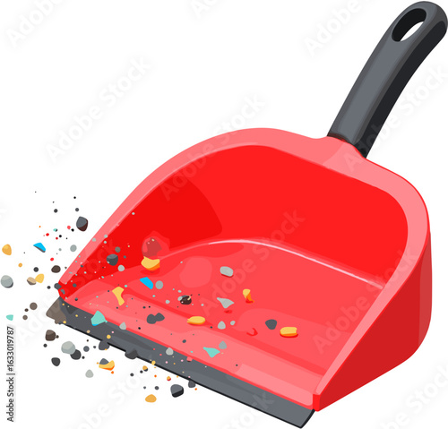 Bright red dustpan filled with debris ready for cleanup and disposal