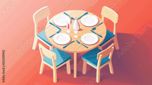 Isometric view of a round wooden table with four chairs, set for a meal.  Plates, cutlery, and a glass are arranged on the table.  Soft color palette on a coral-toned background