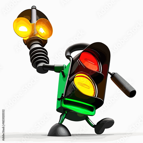 Stylized, cartoonish depiction of a traffic light figure, gesturing and walking.  Its colorful lights and friendly design evoke a sense of animation.
