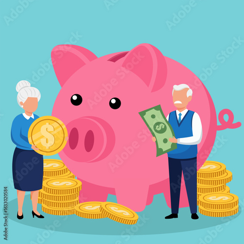 Illustration of an elderly couple saving money into a piggy bank, symbolizing retirement planning and senior finance.