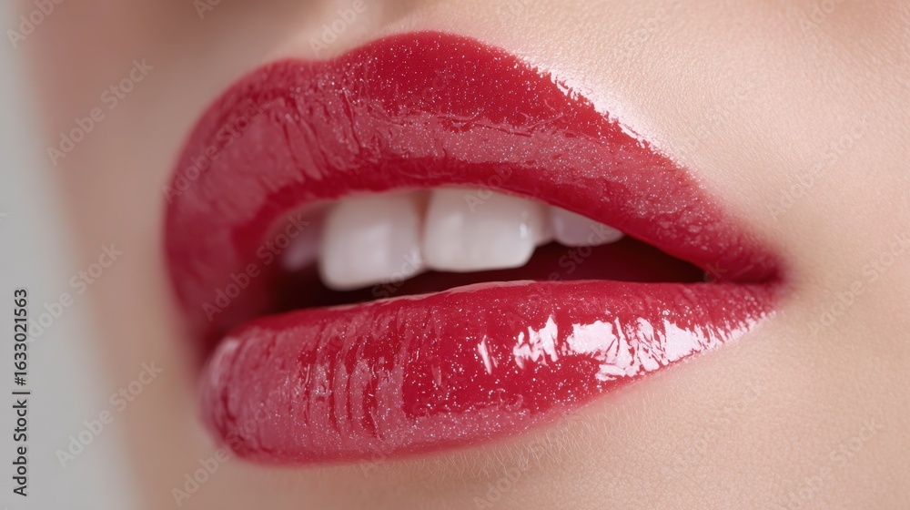 Obraz premium Close-up view of glossy red lips showcasing beauty and makeup artistry in a modern setting during daylight