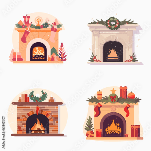 Four festive fireplaces, adorned with holiday decorations,  including stockings,  wreaths, and gifts,  displayed against a white background.