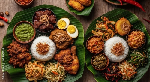 Authentic Indonesian Nasi Campur rice platters served on banana leaves with a variety of traditional side dishes