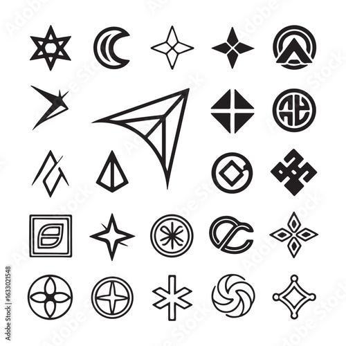 Collection of diverse geometric symbols and abstract icons representing spirituality and mysticism