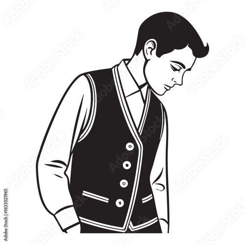 Young man wearing a classic buttoned vest over a collared shirt with hands in pockets