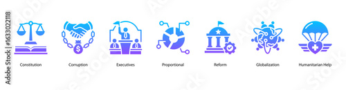 Government Reform web banner icon vector illustration for topics on budget deficits, constitutional law, corruption, government executives, proportional systems, political reform, and globalization.