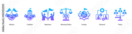 Global Politics web banner icon vector illustration for democracy, international alliances, coalitions, bipartisan systems, monetary policy, and foreign political engagement.