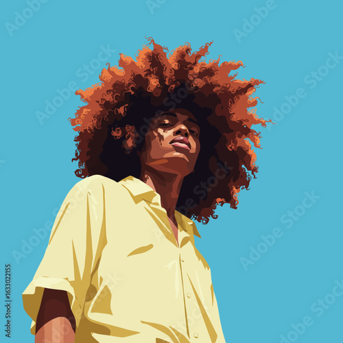 A person with voluminous hair against a clear blue sky, captured from a low angle.