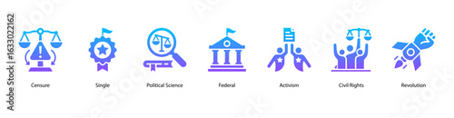 Political Action web banner icon vector illustration for electoral systems, policy formation, censure, single-party dynamics, federal governance, activism, civil rights, and revolutionary movements.