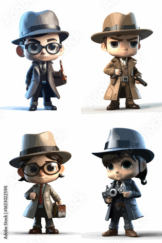 Four miniature detectives, dressed in classic attire,  isolated against a white background,  displaying various accessories and poses.