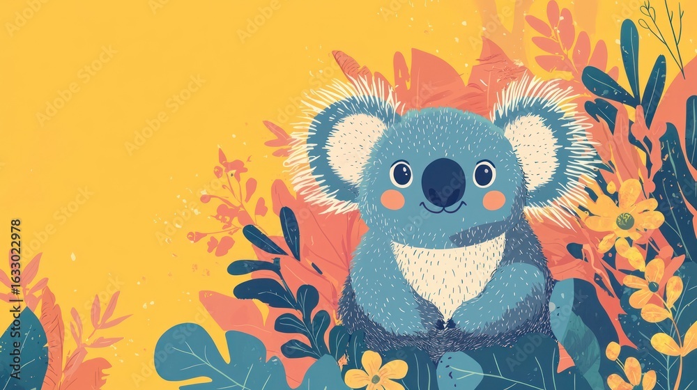 Fototapeta premium Cute koala in colorful floral background, children's illustration, nature, playful, stock photo