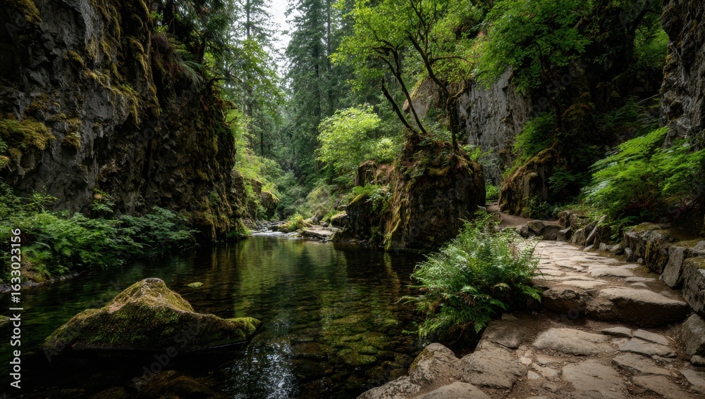 Serene waters flow through a lush canyon surrounded by mossy cliffs and vibrant green foliage creating a peaceful natural scene. Serene waters flow through a lush canyon surrounded by mossy cliffs and vibrant green foliage creating a peaceful natural scene.