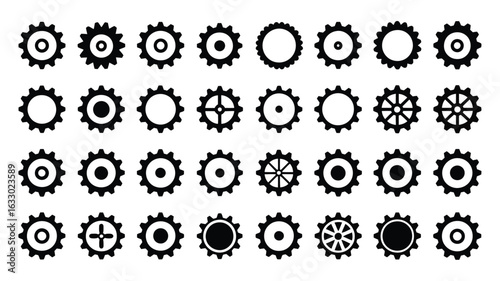 Vector art of set of gear wheels, cogs, and mechanisms isolated on white background