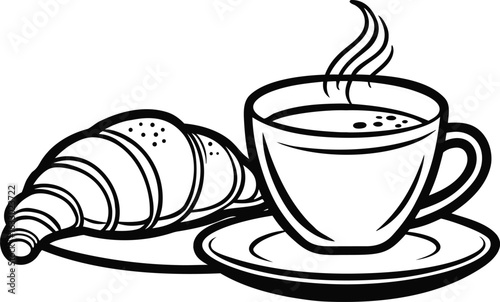 Simple black and white line drawing of a steaming cup of coffee with a croissant on a saucer