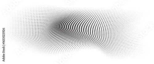 Flowing Wave Dot Halftone Pattern: Curve Gradient Shape on Transparent Background. Suitable for AI, Tech, Network, Digital, Science, and Technology Themes.