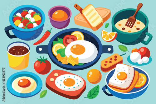 Colorful overhead view of various breakfast dishes and food items arranged on a light blue background
