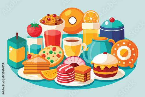 A vibrant assortment of delicious breakfast and snack foods arranged in a circular composition