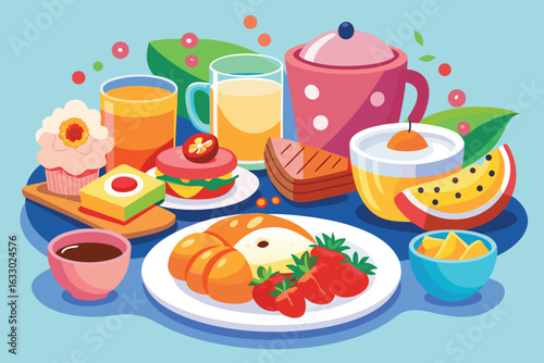 Delicious and colorful breakfast spread with pastries fruits and juices on a blue table