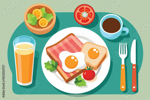 Delicious and healthy breakfast spread with fried eggs bacon toast salad juice and coffee