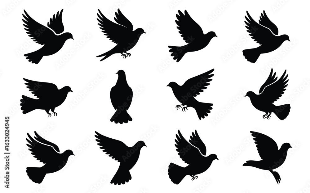 Obraz premium Vector art of collection of dove silhouette icons isolated on white background for decoration design