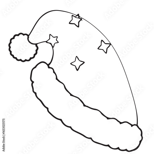 Simple hand drawn outline of a santa hat with a fluffy pom pom and decorative stars on white background