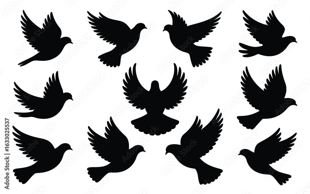 Obraz premium Vector art of collection of dove silhouette icons isolated on white background for decoration and design use