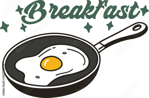 Freshly fried egg cooking in a pan with the word breakfast above and stars