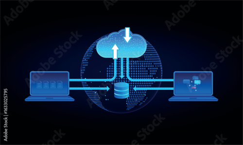 Futuristic Data transfer cloud, server, laptops and file document cloud backup archive system for business and AI technology digital storage platform network communication upload server infrastructure