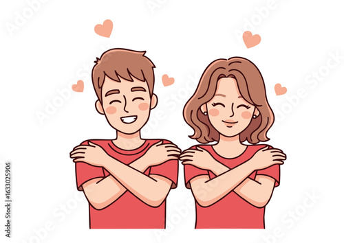 Happy young couple concept of self-love and self-care, hugging themselves with positive feelings. Vector illustration of mental wellbeing.