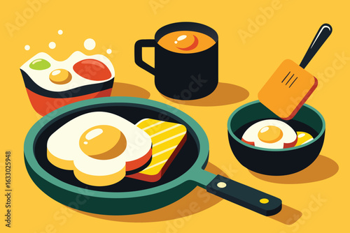 Whimsical flat lay illustration of a hearty breakfast featuring fried eggs toast and coffee