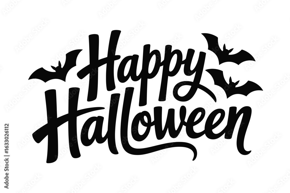 Fototapeta premium Vector art of happy halloween hand lettering text with bats isolated on white background