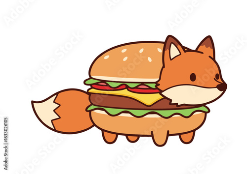 A cute kawaii fox hamburger hybrid creature, a funny cartoon animal character merged with a delicious cheeseburger. Whimsical food art illustration.