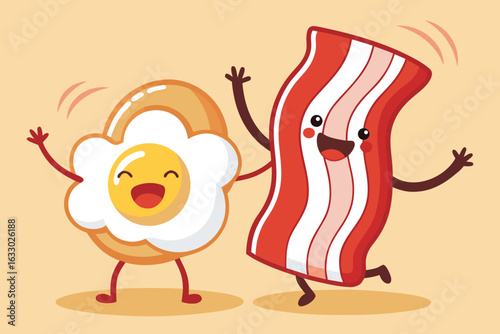 Happy fried egg and crispy bacon characters dancing together joyfully
