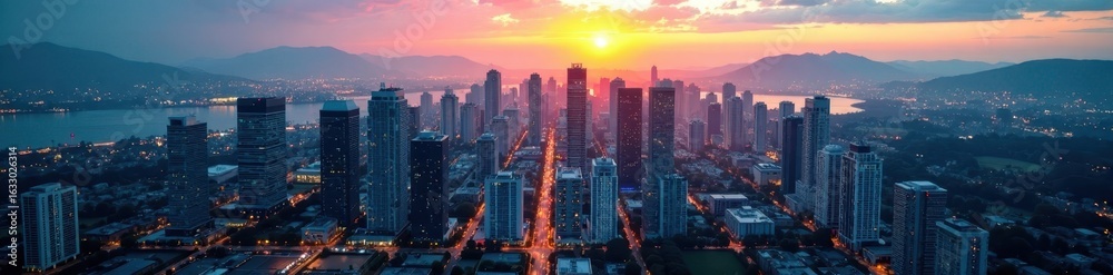 Fototapeta premium Vancouver cityscape, aerial drone view, Science World , vancouver, sunlight