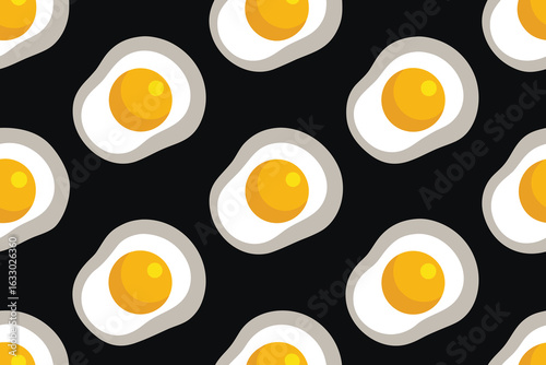 Seamless pattern of delicious fried eggs with bright yellow yolks on a black background