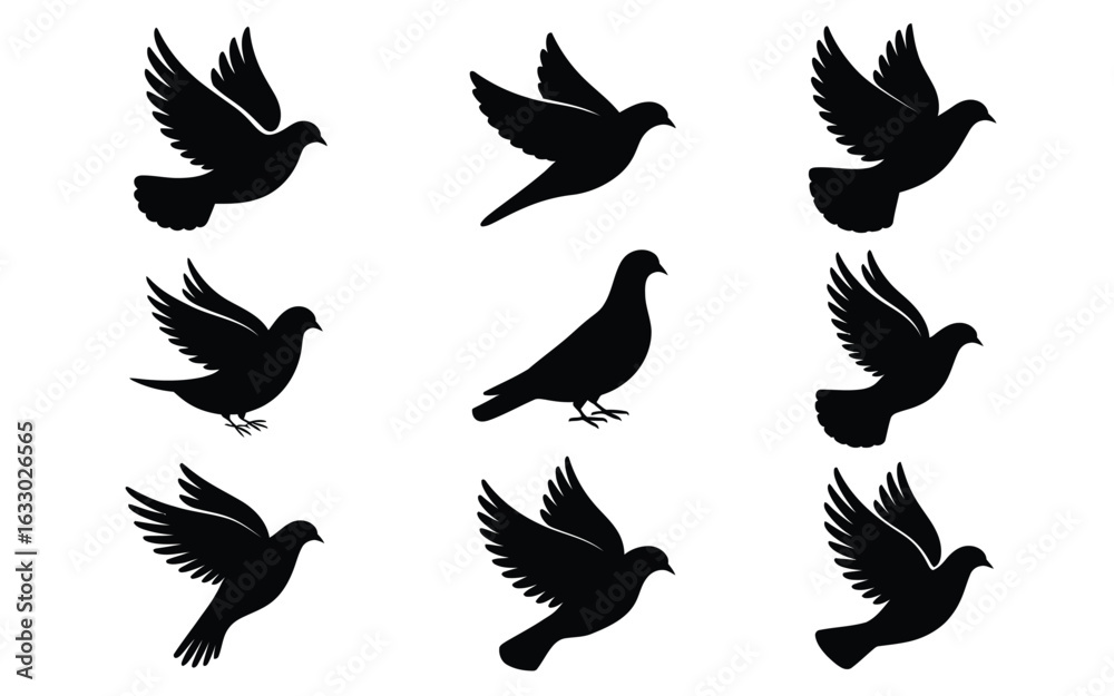 Fototapeta premium Vector art of collection of dove silhouettes in various poses isolated on white background for design element