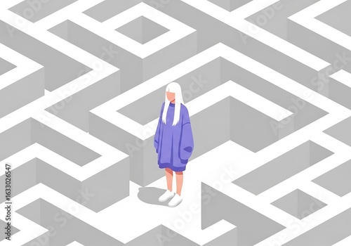 A young person with white hair wearing a purple oversized hoodie and white sneakers stands alone in the center of a stark white maze feeling lost and confused