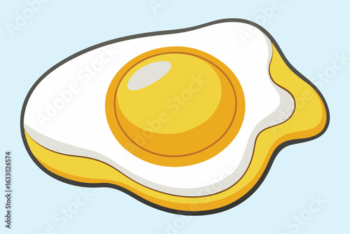 Cartoon illustration of a single fried egg with a bright yellow yolk and white on a light blue background